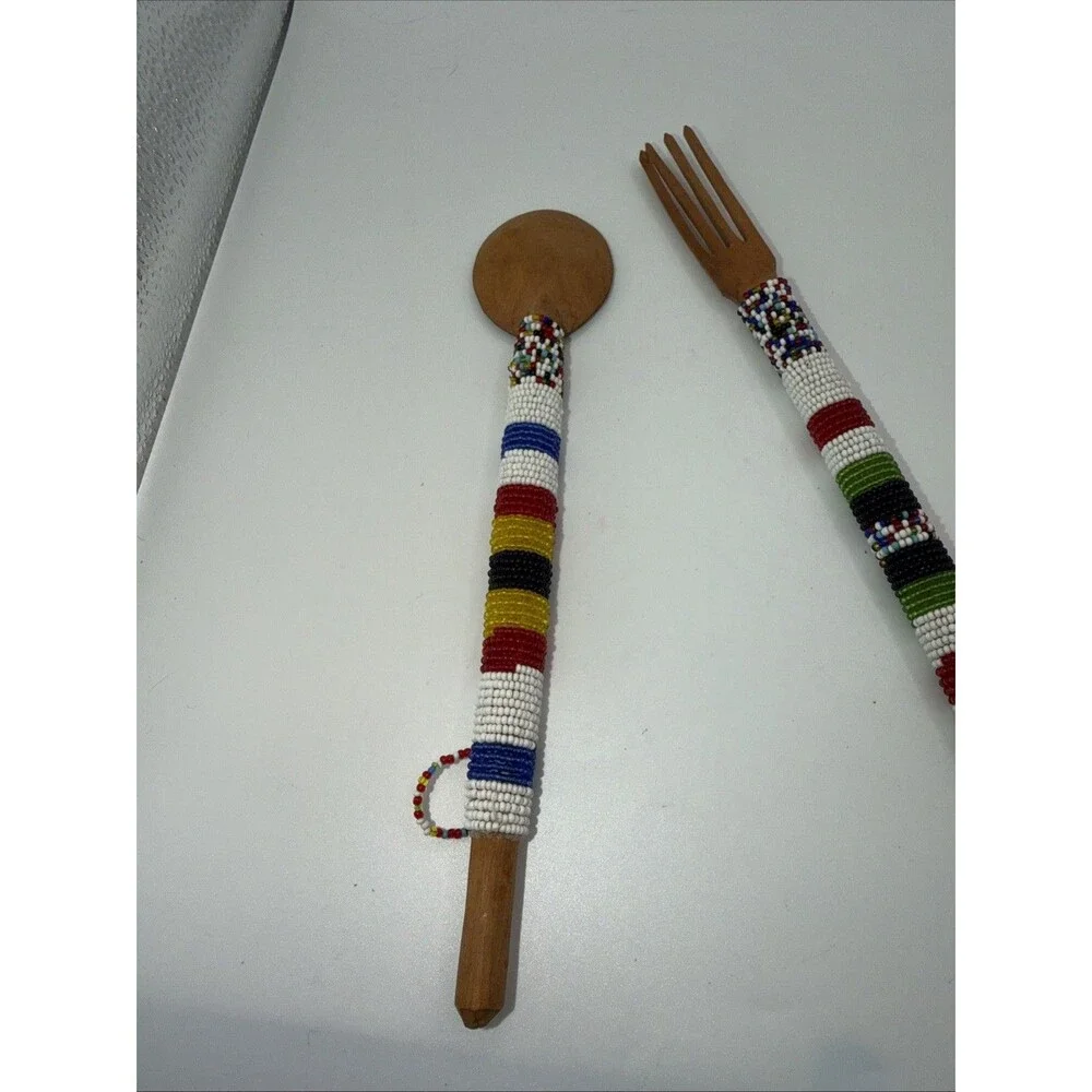 Native American Tribal Salad Spoon Fork With Seed Bead Handmade Rare Wooden